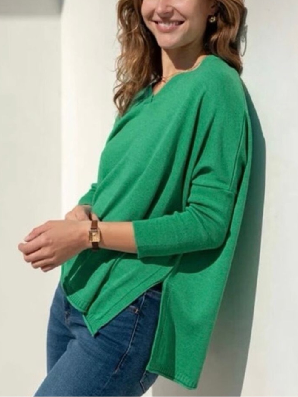 Mersea Petite XS Catalina V Neck Sweater Kelly Green Emerald Relaxed Flowy